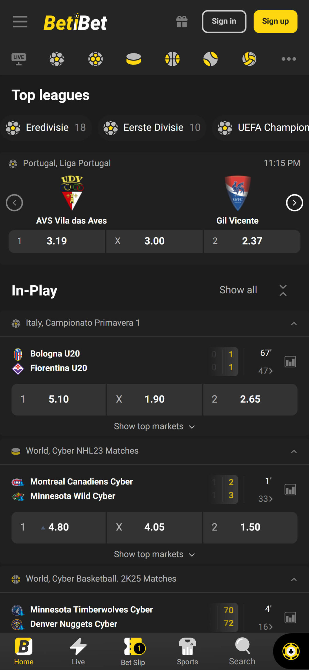 BetiBet bookmaker (mobile screen), stavnice.tv