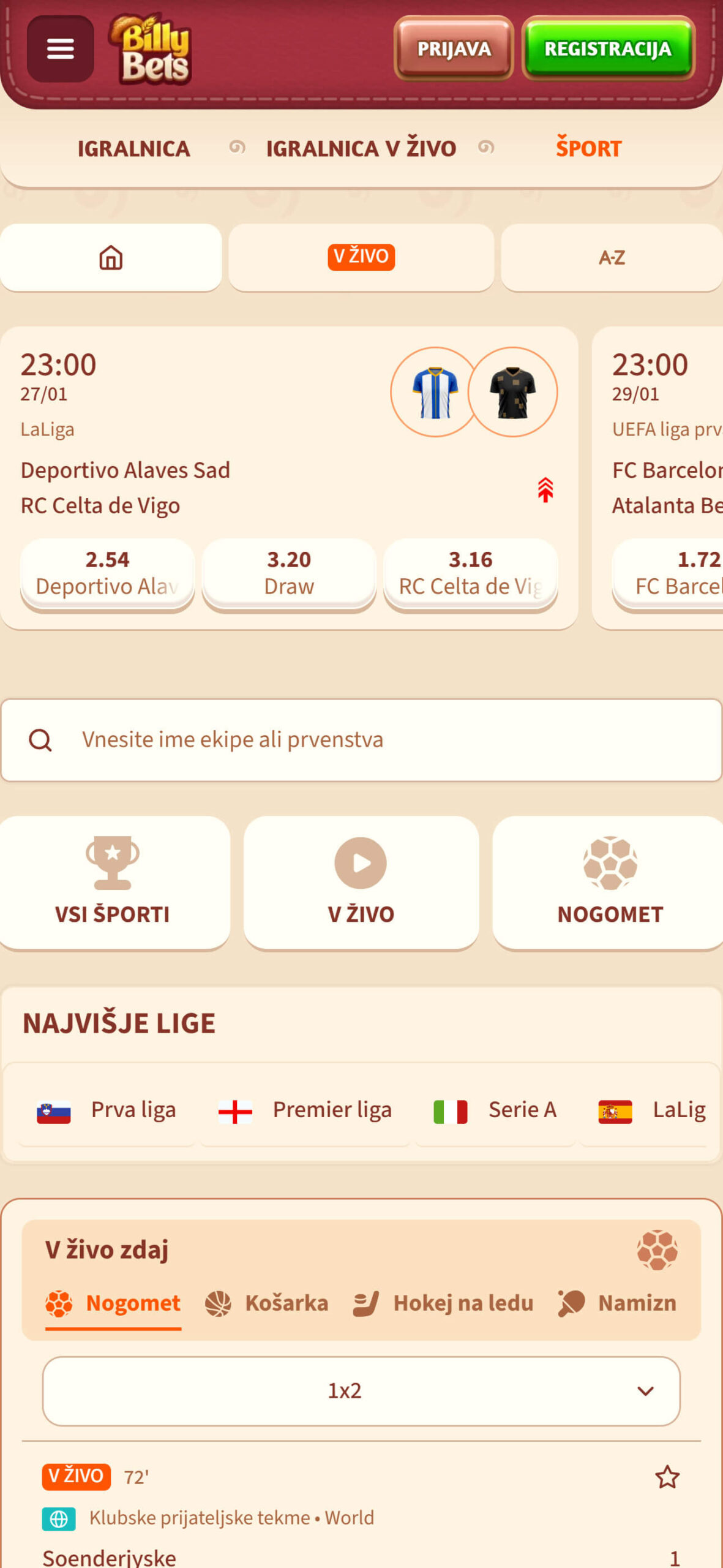 BillyBets bookmaker (mobile screen), stavnice.tv