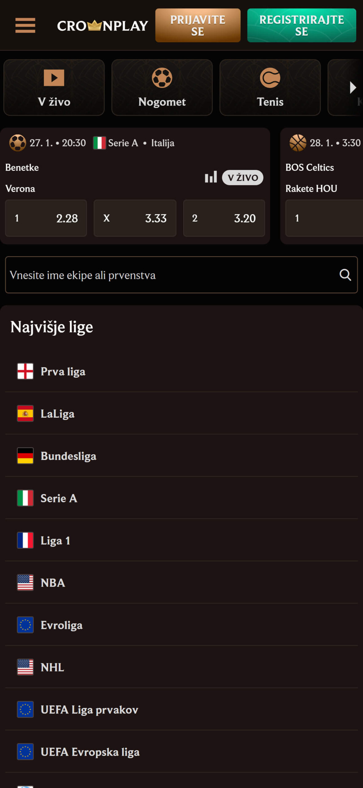Crownplay bookmaker (mobile screen), stavnice.tv