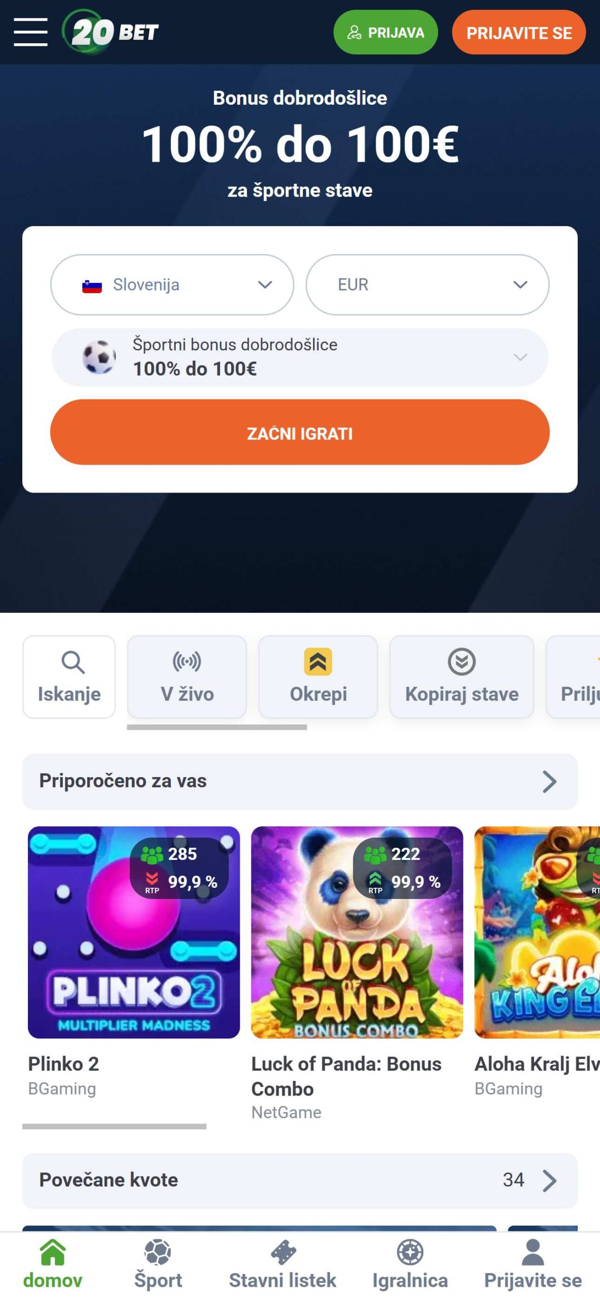 20bet Bookmaker Main Page Slovenia (mobile), stavnice.tv