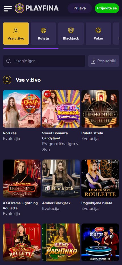 Playfina Live Casino Games Slovenia (Mobile screen), stavnice.tv