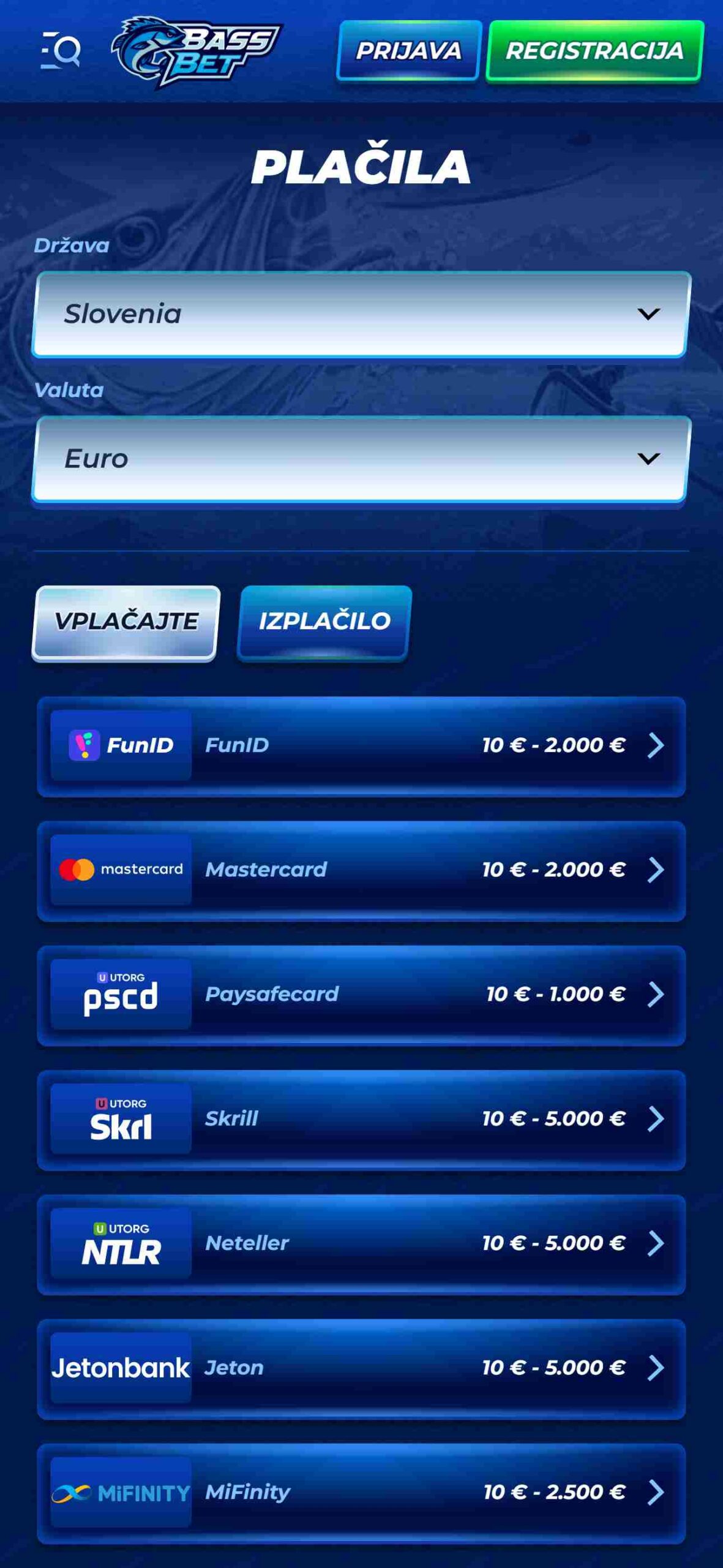 Bassbet Payments, Slovenia (mobile)