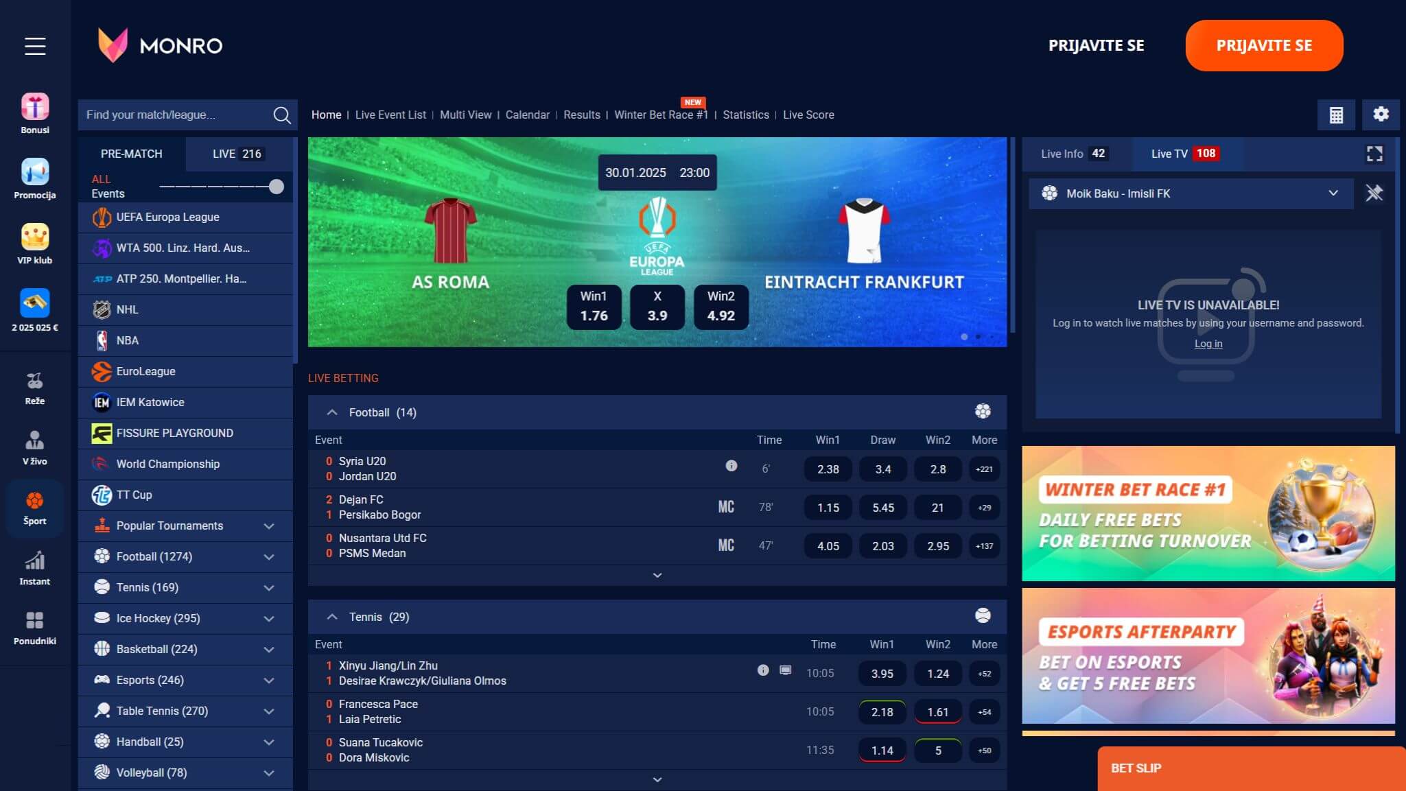 Monro Bookmaker Sport Betting Slovenia, stavnice.tv