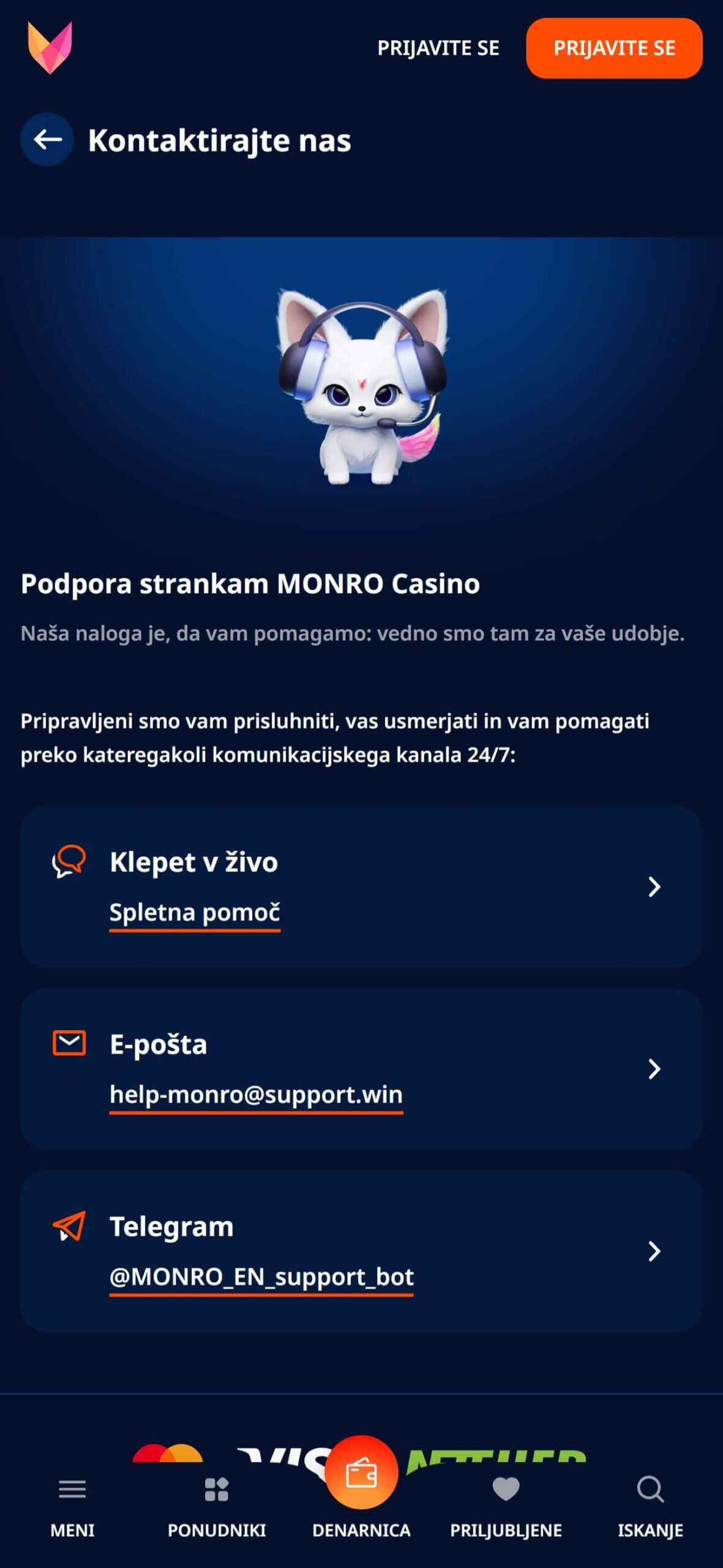 Monro Bookmaker Support Slovenia (mobile), stavnice.tv