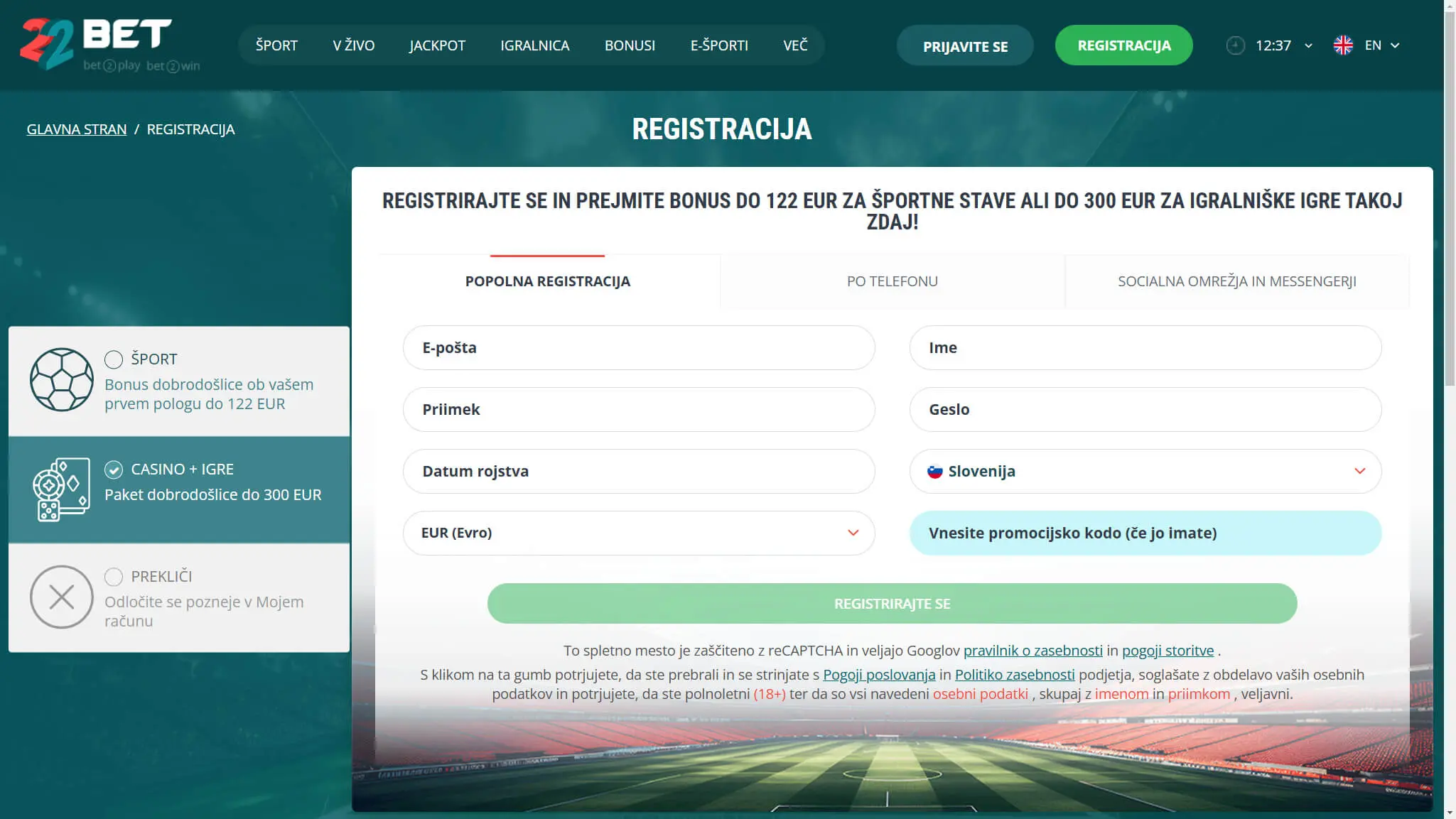 Postopek registracije na 22bet prek e-pošte za slovenske uporabnike