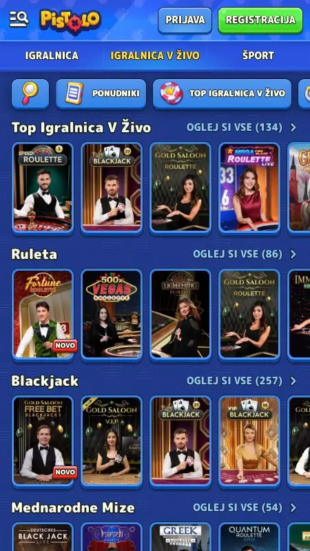 Screenshot des Live Casino Bereichs bei Pistolo, zeigt einen Live-Dealer und den Spieltisch