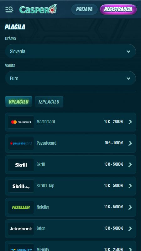 Razdelek o načinih plačila na Caspero
