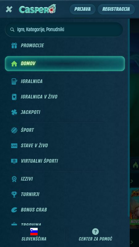 Raziščite možnosti celotnega menija spletnega mesta Caspero