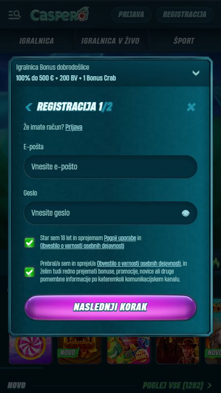 Ustvarjanje računa na Caspero