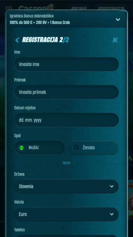 Ustvarjanje računa na Caspero