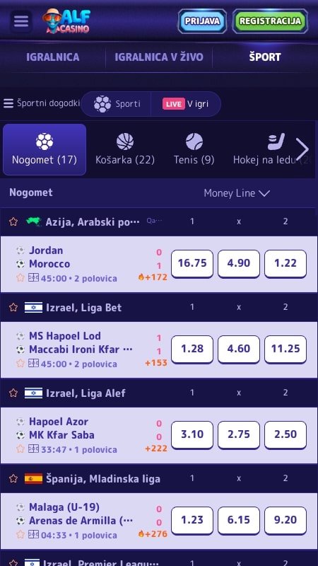 Vmesnik za stave v živo Alf Casino