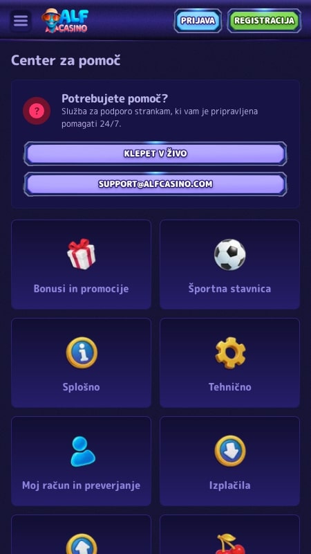 Pomoč uporabnikom na Alf Casino