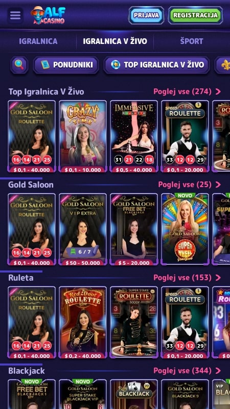 Vmesnik za kazino v živo Alf Casino