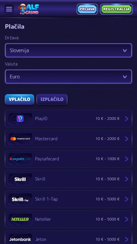 Načini plačila pri Alf Casino