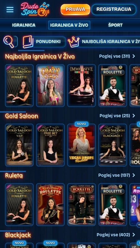 Vmesnik za kazino v živo DudeSpin