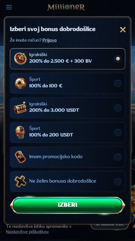 Millioner welcome bonus