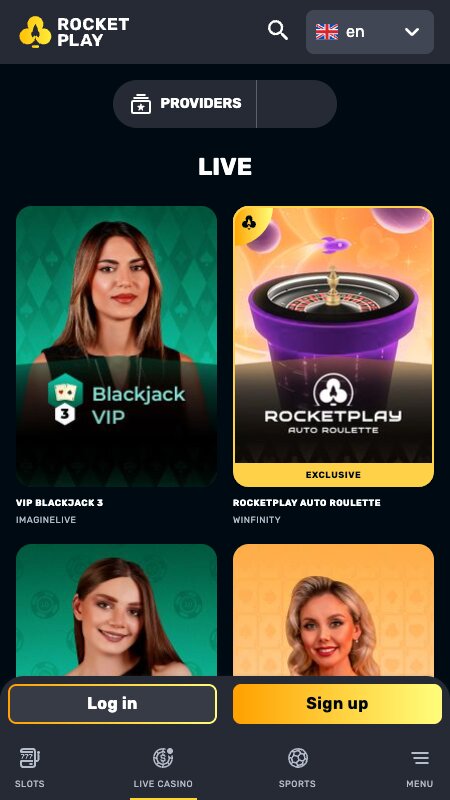 Vmesnik za kazino v živo RocketPlay