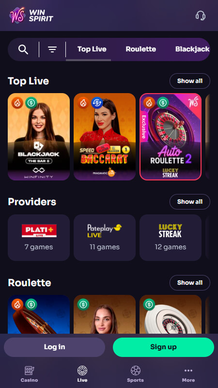 WinSpirit live casino