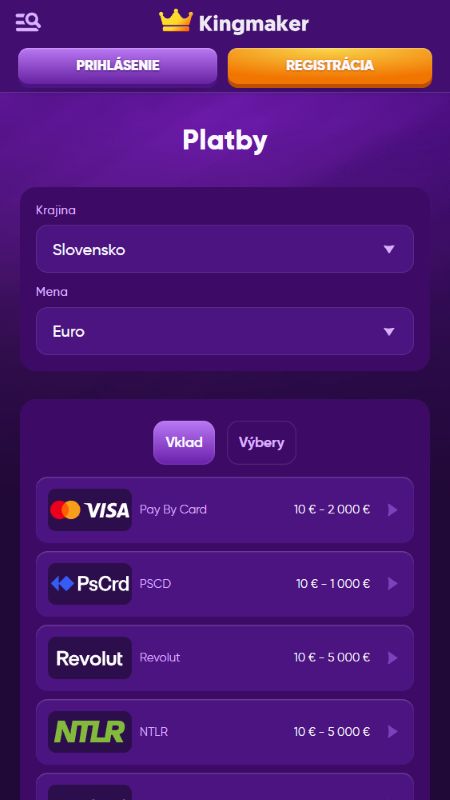 Razpoložljive plačilne metode na Kingmaker