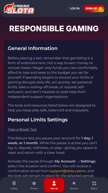 Slota casino responsible gambling