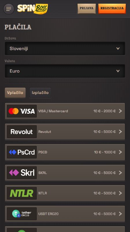 Razdelek o načinih plačila na SpinBoss