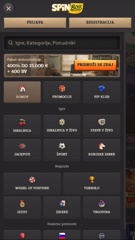 Raziščite možnosti celotnega menija spletnega mesta SpinBoss