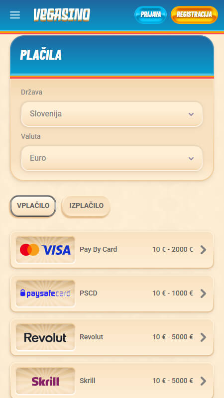 Vegasino payment methods