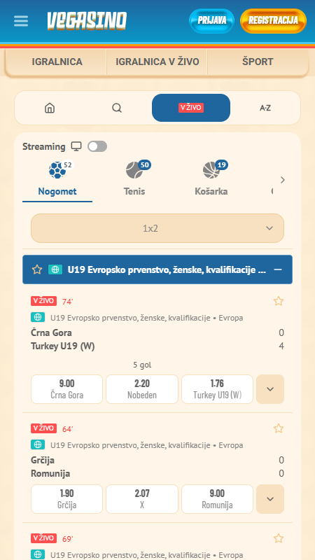 Vegasino bookmaker live betting
