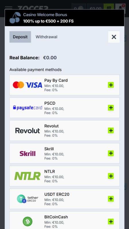 Zoccer casino payment methods