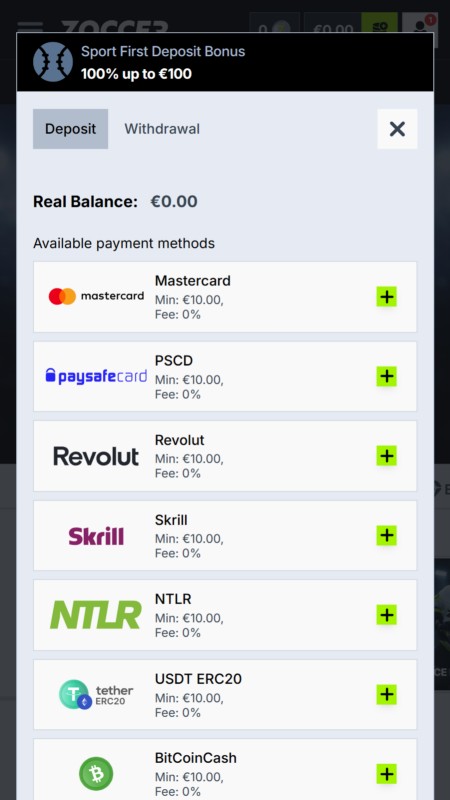 Zoccer Deposit Methods