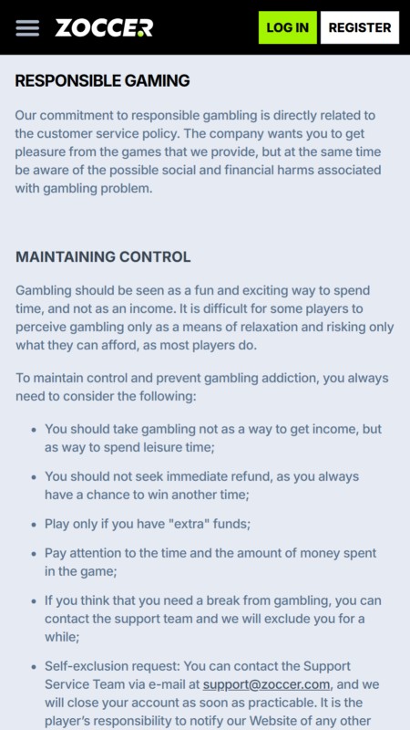 Zoccer responsible gambling