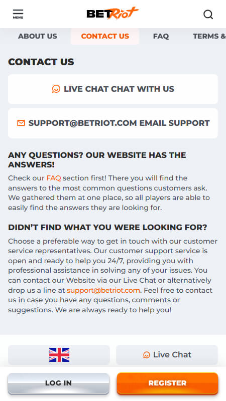 Betriot support contacts page