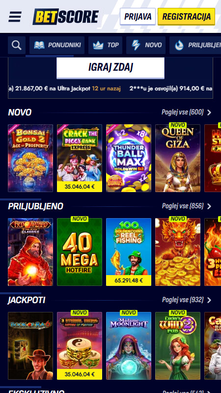 Betscore casino igre Slovenija