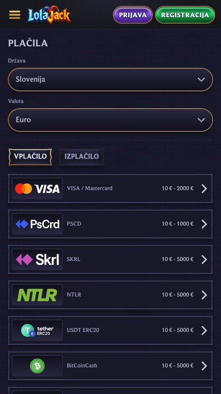 Načini plačila pri LolaJack