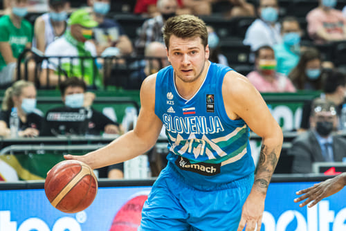 Kaunas, Lithuania - 2021, June 30: FIBA Olympic Qualifying tournament 2020. Slovenia - Angola. Luka Doncic playing for Slovenia national team